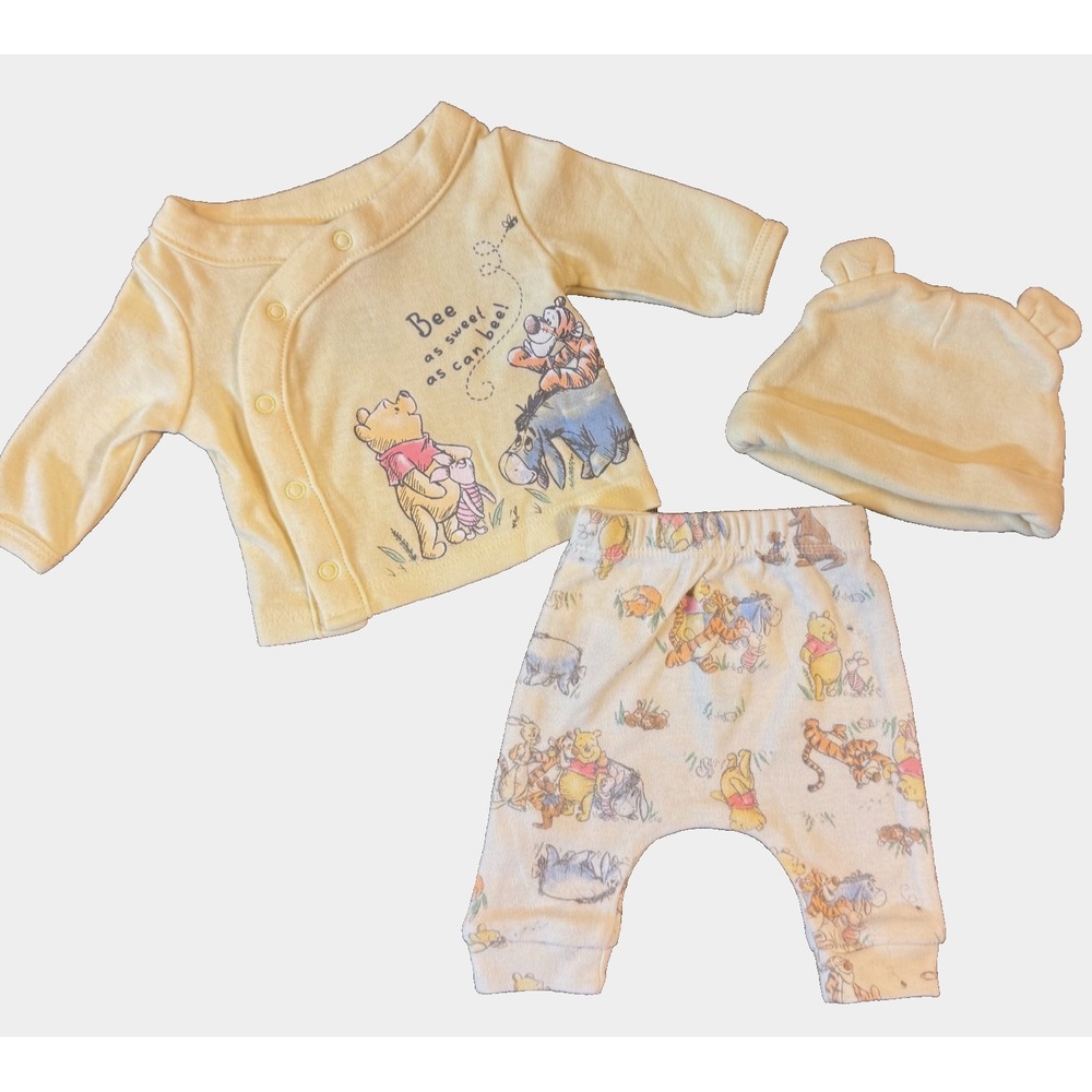 Disney Baby Bundle Preemie Winnie Pooh 2 Piece Outfit Hat Gender Neutral Yellow